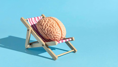 Brain relaxes on a sunbed under the summer sun, placed on a flat surface, symbol for mental health,