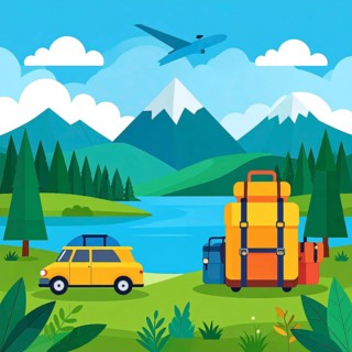 Traveling and hiking in mountain landscape, abstract vector illustration, AI generated image