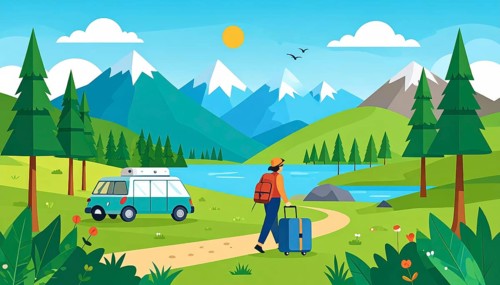 Traveling and hiking in mountain landscape, abstract vector illustration, AI generated image