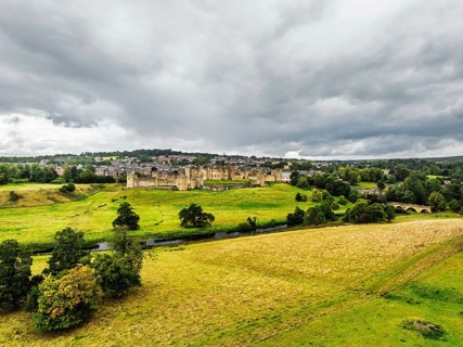 Alnwick Castle from a drone, Alnwick, Northumberland, England, United Kingdom