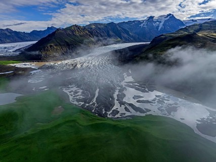 Ice floes, glacier, glacier tongue, glacier lake, sunny, cloudy, morning mood, mountains,
