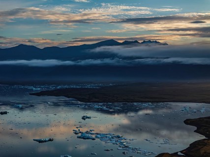Ice floes, glacier, glacier tongue, fog, clouds, morning mood, mountains, reflection, aerial view,