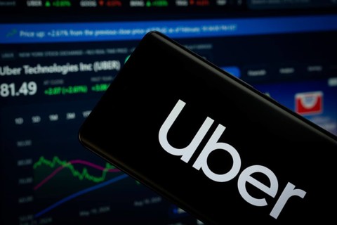 Dhaka, Bangladesh- 15 July 2025: Uber logo is displayed on a smartphone screen, with a stock graph