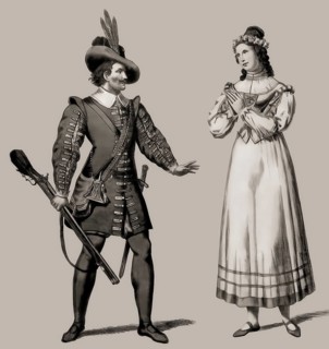 Costume designs of Max and Agathe, Romantic opera Der Freischütz by Carl Maria von Weber, 1786 -