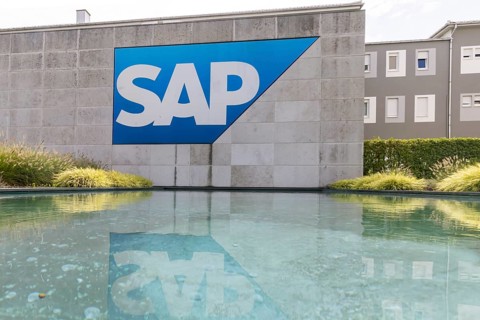 Logo and building of the software company SAP SE. Walldorf, Baden-Württemberg, Germany