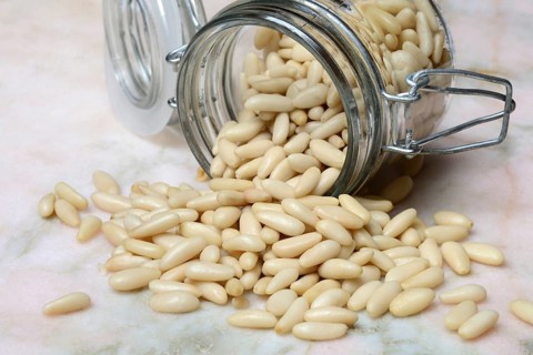 Pine nuts in glass containers, Pinus pinea