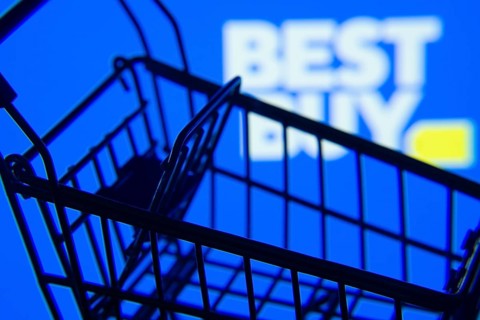 Dhaka, Bangladesh- 03 July 2025: Silhouette of a shopping cart in front of the Best Buy logo,