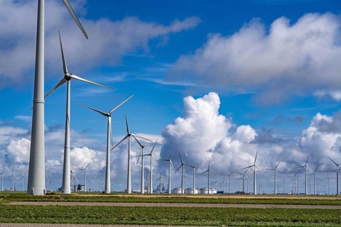 Wind farms Westereems and Growind, in the north of the Netherlands, near Eemshaven, energy centre,