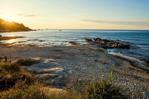 Picturesque beach, Plage de Bonne Terrasse, sunrise, Saint Tropez, Var, French Riviera,