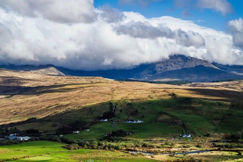 Farms over Loch Harport, Drynoch, Isle of Skye, Scotland, UK