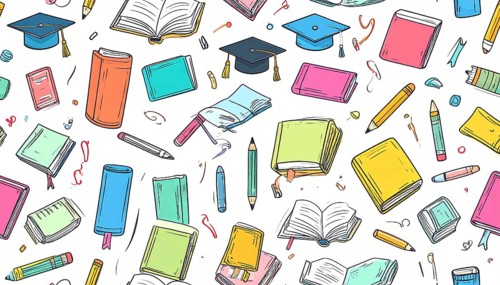 Colorful doodle pattern of education elements, vibrant geometric vector illustration, AI generated