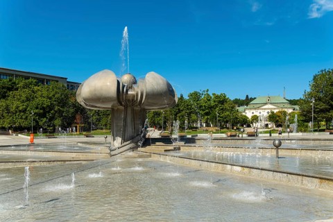 Freedom Square with a fountain in the shape of a lime blossom in Bratislava, Slovakia