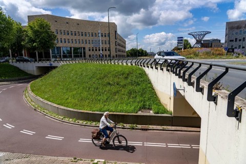 Roundabout in the Dutch city of Houten, the lanes for cars and bicycles are separated, the cycle