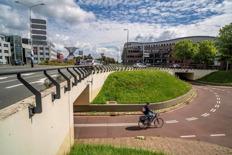 Roundabout in the Dutch city of Houten, the lanes for cars and bicycles are separated, the cycle