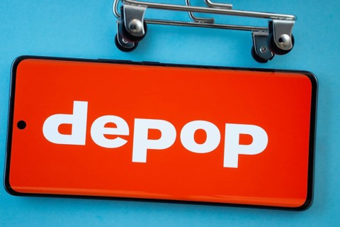 Dhaka, Bangladesh- 03 July 2025: Smartphone screen showing the Depop logo with shopping cart wheels