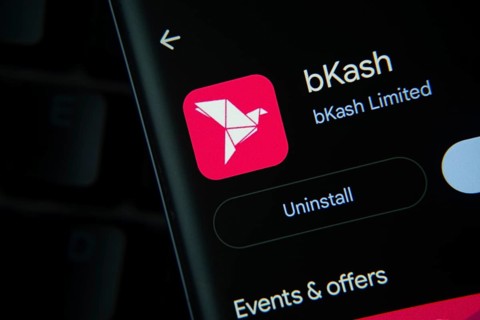 Dhaka, Bangladesh- 27 July 2025: Screen displaying bKash app with open and uninstall options, dark