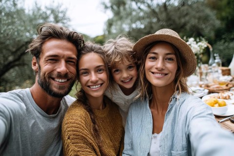 Cheerful happy family taking selfie on picnic on a family vacation day, AI generated