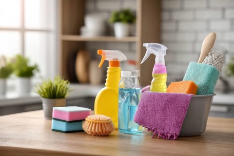 Cleaning set with products and tools on kitchen table, AI generated