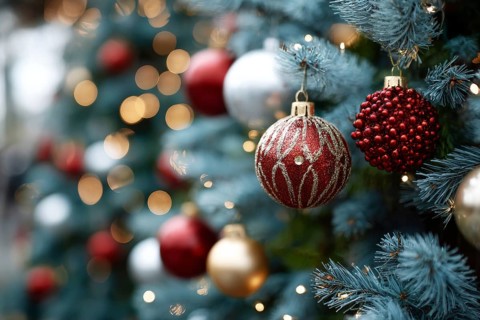 Christmas Tree With Baubles, holiday season and holiday greetings. Happy family time, AI generated