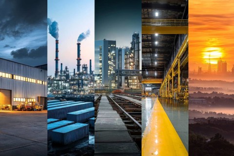 Collage of industrial factories and warehouses. Illustration of global international trade and
