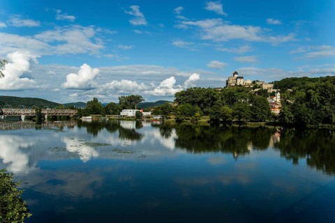 View of Trencín Castle from the banks of the Váh River, Capital of Culture 2026, Trencín, Slovakia