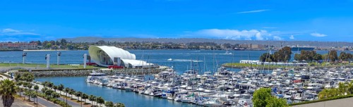 USA, California, San Diego Bay marina and Seaport Village in downtown near Gaslamp Quarter