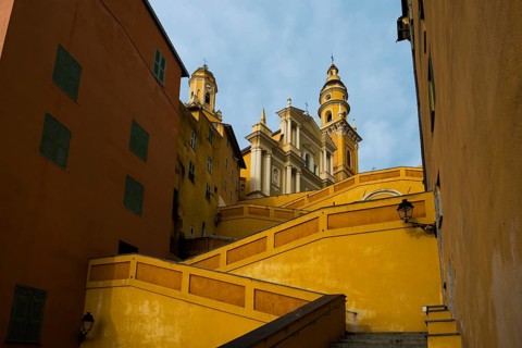 Town with colourful houses by the sea, sunrise, Menton, Alpes Maritimes, Provence Alpes Cote