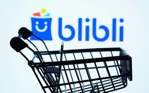 Dhaka, Bangladesh- 03 July 2025: Silhouette of a shopping cart in front of the Blibli logo,