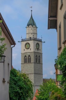 Tower of Überlingen Minster, St Nicholas, built in 1350 and 1576 in the late Gothic style,