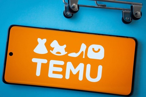 Dhaka, Bangladesh- 03 July 2025: Smartphone screen showing the Temu logo with shopping cart wheels