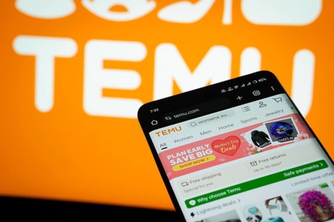 Dhaka, Bangladesh- 03 July 2025: Smartphone displaying Temu web interface against Temu logo