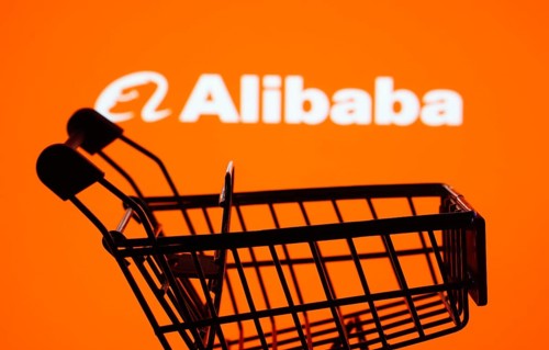 Dhaka, Bangladesh- 03 July 2025: Silhouette of a shopping cart in front of the Alibaba logo,