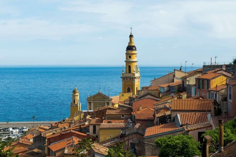 Town with colourful houses by the sea, Menton, Alpes Maritimes, Provence Alpes Cote d'Azur, French