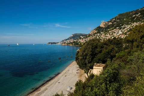 View of Roquebrune and Monaco, Plage du Golfe Bleu, Alpes Maritimes, Provence Alpes Cote d'Azur,
