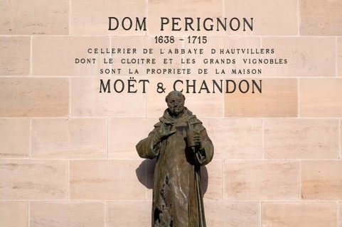 Dom Perignon statue, headquarters of the champagne brand Moët & Chandon, part of the luxury goods