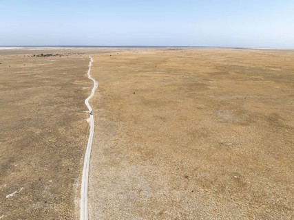Off-road vehicle driving on a sandy track through a vast dry landscape with yellow grass, Sowa Pan,