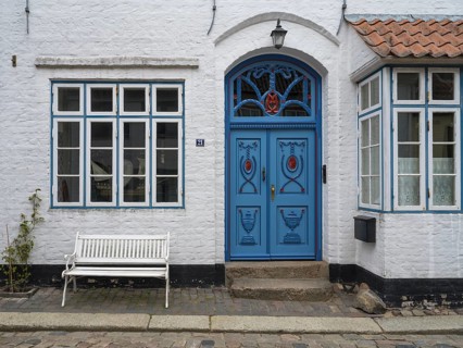 Beautiful ornate door mullion window, facade, old town, Husum, North Frisia, Schleswig-Holstein,