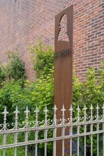 Sign and fence at the Theodro Storm House, Theodor Storm Centre, Museum, Old Town, Husum, North