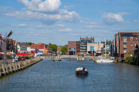 Inland harbour with town hall, Husum, North Sea, North Frisia, Schleswig-Holstein, Germany