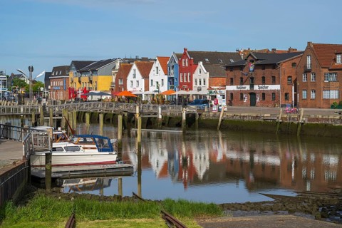 Building at the harbour, skyline, boats, reflection, Husum, North Sea, North Frisia,