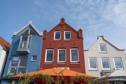 Coloured gabled houses, harbour, Husum, North Sea, North Frisia, Schleswig-Holstein, Germany