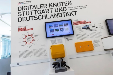 Stuttgart ITS information tower. In the exhibition, Deutsche Bahn AG provides information about the