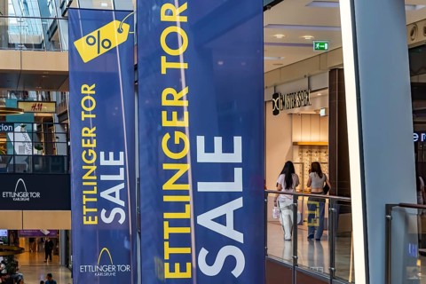 Ettlinger Tor shopping centre, ECE-Center, in Karlsruhe with around 130 retail shops. Interior view