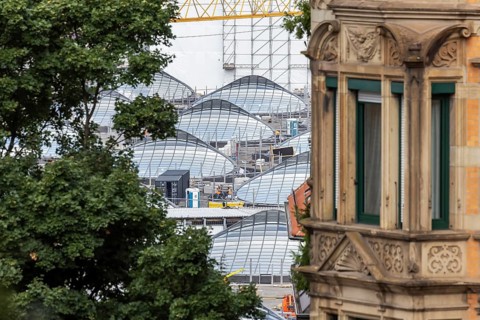 Stuttgart 21. construction site at the new through station. A glass roof construction provides the