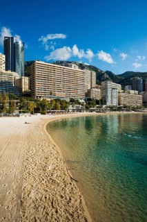 Panorama, Skyline with skyscrapers and beach, Plage du Larvotto, Monte Carlo, Cote d'Azur, Monaco