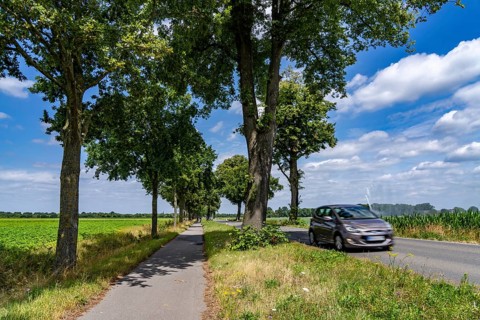 Country road south of Kampen, on the Lower Rhine, with side cycle and footpath, North
