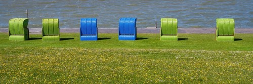 Beach chairs on a blooming meadow on the North Sea coast, Grünstrand, Pellworm Island, North Sea,