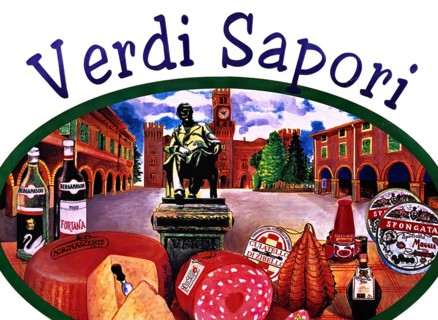 Verdi Sapori, advertising board for local culinary delicacies in honor of Giuseppe Verdi, Busseto,