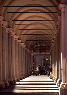 Colonnade, Piazza Giuseppe Verdi, old town of Busseto, Province of Parma, Emilia-Romagna, Italy
