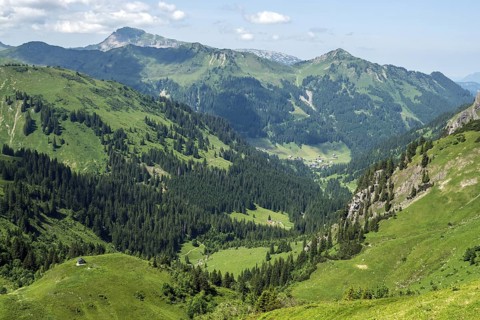View from the hiking trail to the Hochalp Pass into Kleinwalsertal, behind Walmendinger Horn,